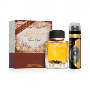 kit perfume lattafa pure oudi edp unissex 100ml + spray corporal